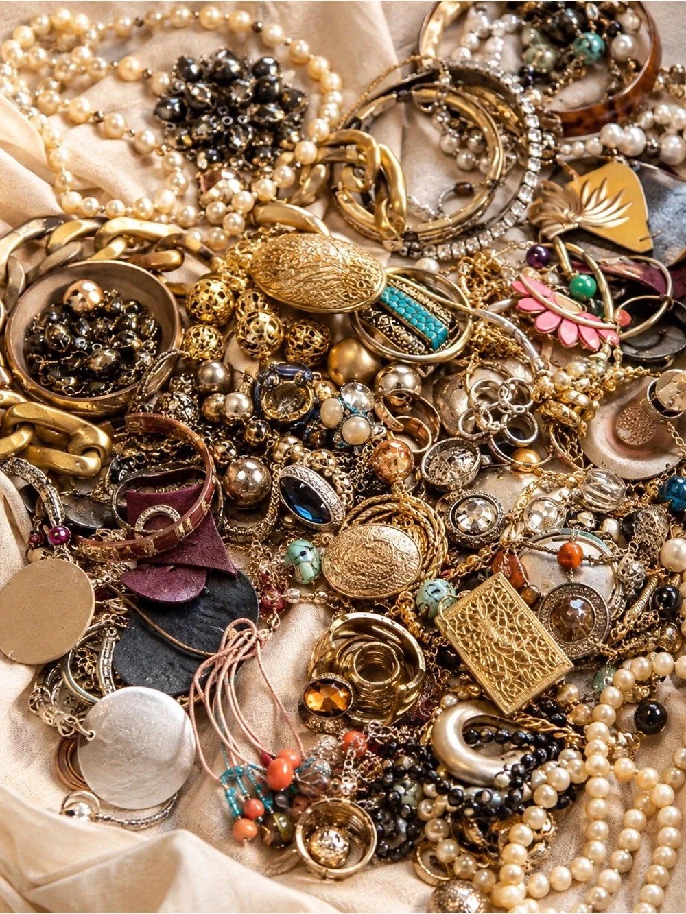 2 LB Curated Jewelry Lot Gold Silver Tone Vintage Modern Bulk Reseller Mix